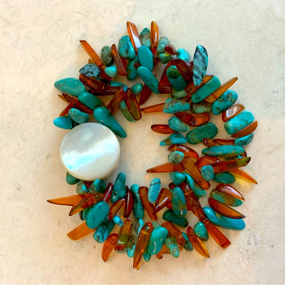 Three Strand Amber & Turquoise Bracelet - Picture 2 of 3